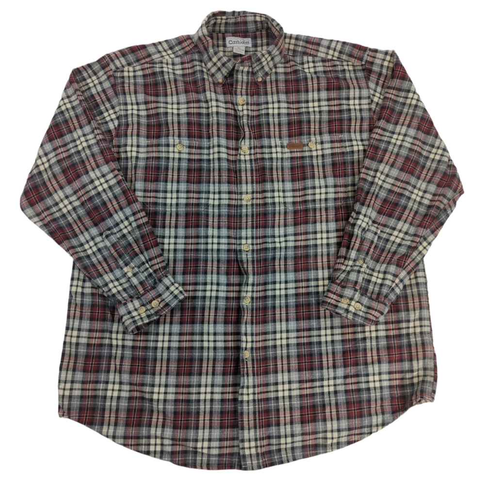 Carhartt Orignal Fit Red Plaid Heavyweight Button Down Flannel Shirt Mens Sz XL.